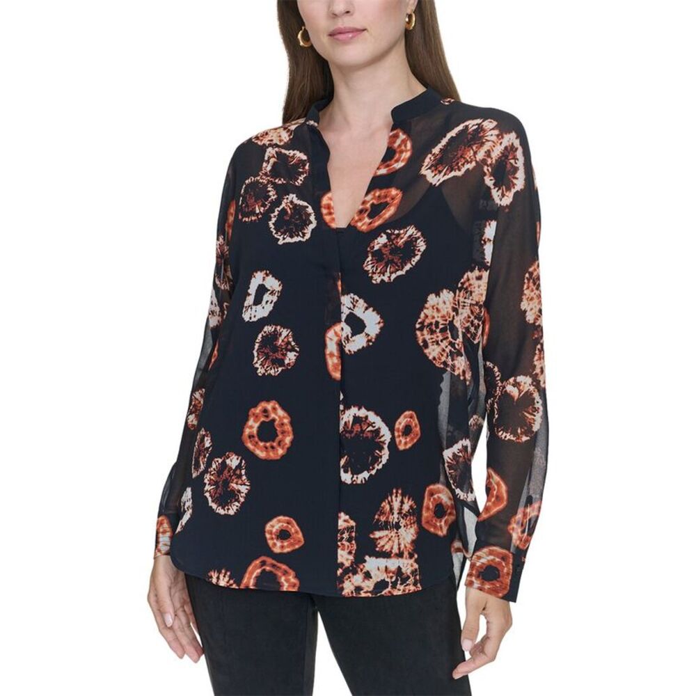 Halston Womens Printed V-Neck Top, Black